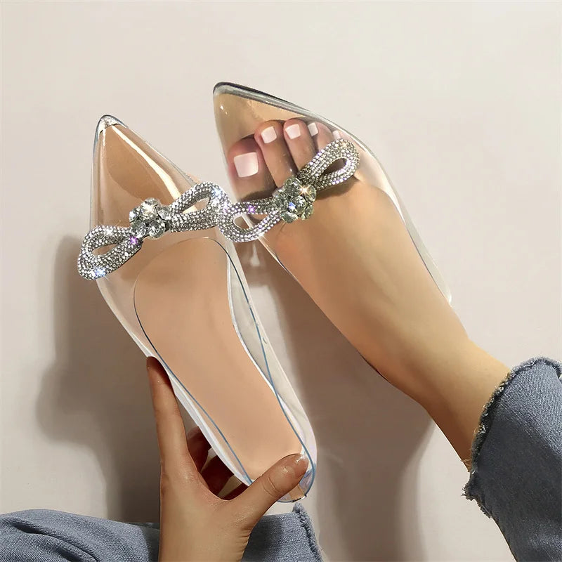 Woman Flats Pointed Toe Blue Rhinestones Bow Clear Flat Daily Elegant Female Slip On Shoes