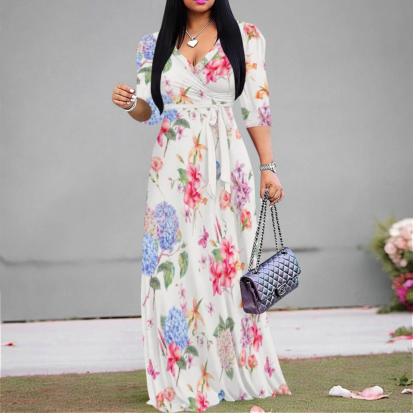 Pastel Floral Maxi Dress Plus Size Long Elegant Beach Holiday V Neck Spring Boho Style