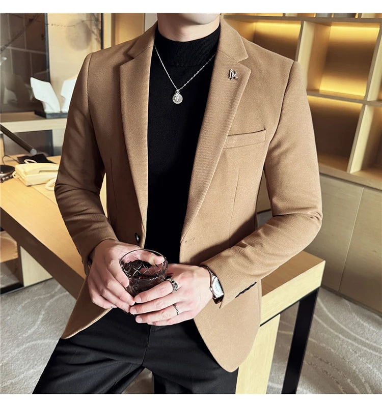Men's Thickened High-Quality Daily Work Formal Single-Breasted Woollen Coat with Dark Stripe for Autumn and Winter Size S-4XL