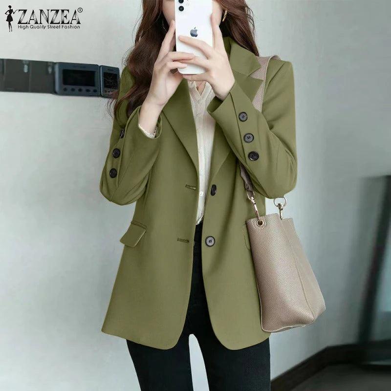 Women's Casual Blazer Elegant Office Lady Long Sleeve Lapel Neck Suit Jackets 2025 Korean Fashion Solid Commute Outerwear