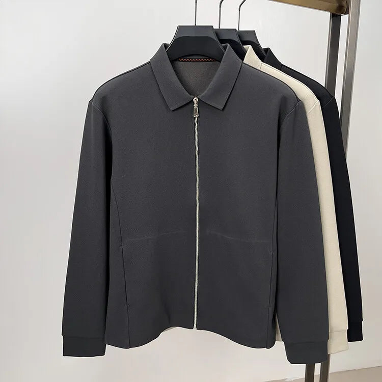 Men's Solid Colour Business Casual Autumn and Winter Jacket, Suitable For Daily Commuting, Stretchy Knitted Zip-Up Male Cardigan