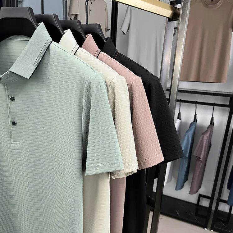 Men's Short-Sleeved T-Shirt, Subtle Striped Texture, Classic Collar Design With Button Details - Soft and Breathable Fabric Polo