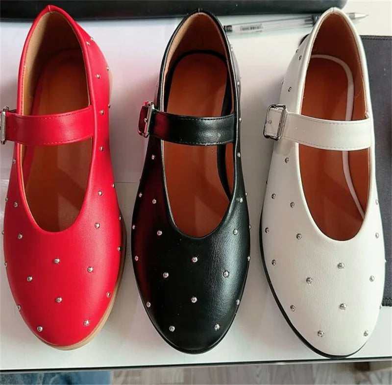Women Round Toe Rivets Mary Jane Flats Buckles Fashion 2024 New Woman Big Size Summer Shoes