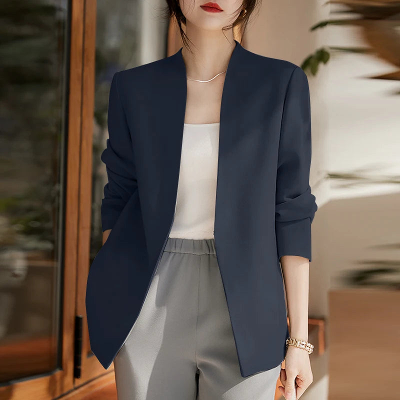 2025 Autumn Lightweight Blazer for Woman V-Neck Long Sleeve Solid Colour Casual Suit Coats Korean Fashion Office Wear