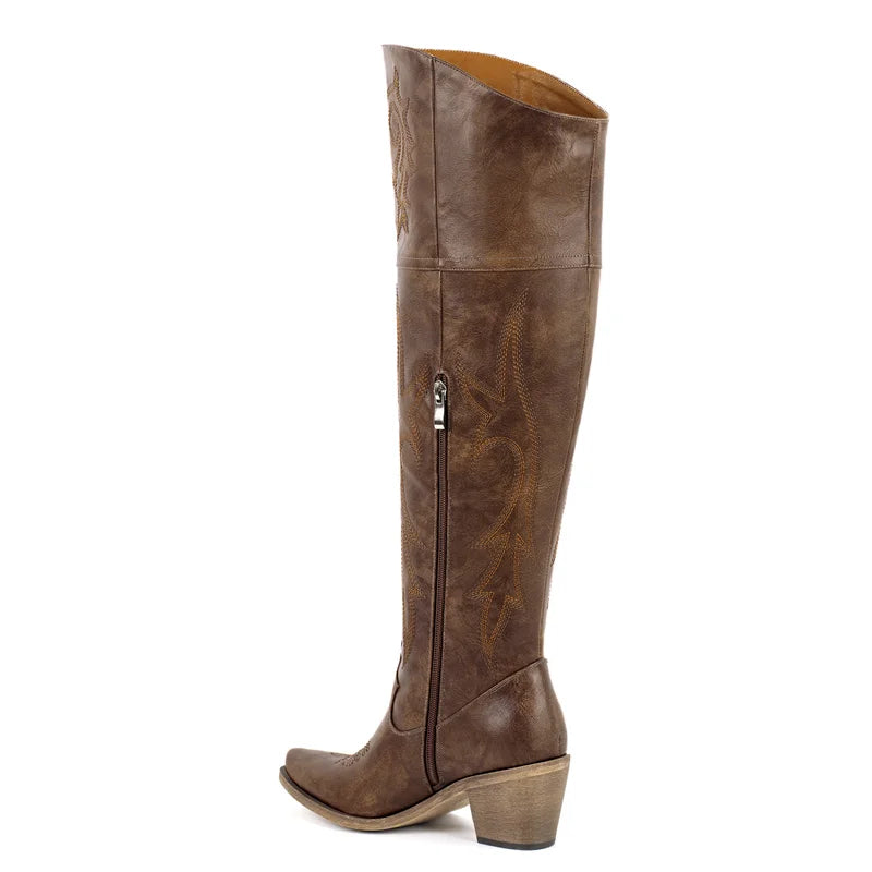 Winter Women Black Brown Knee High Boots Pointed Toe Chunky Pull On Embroidered Thick Heels Boots Zipper Large Size