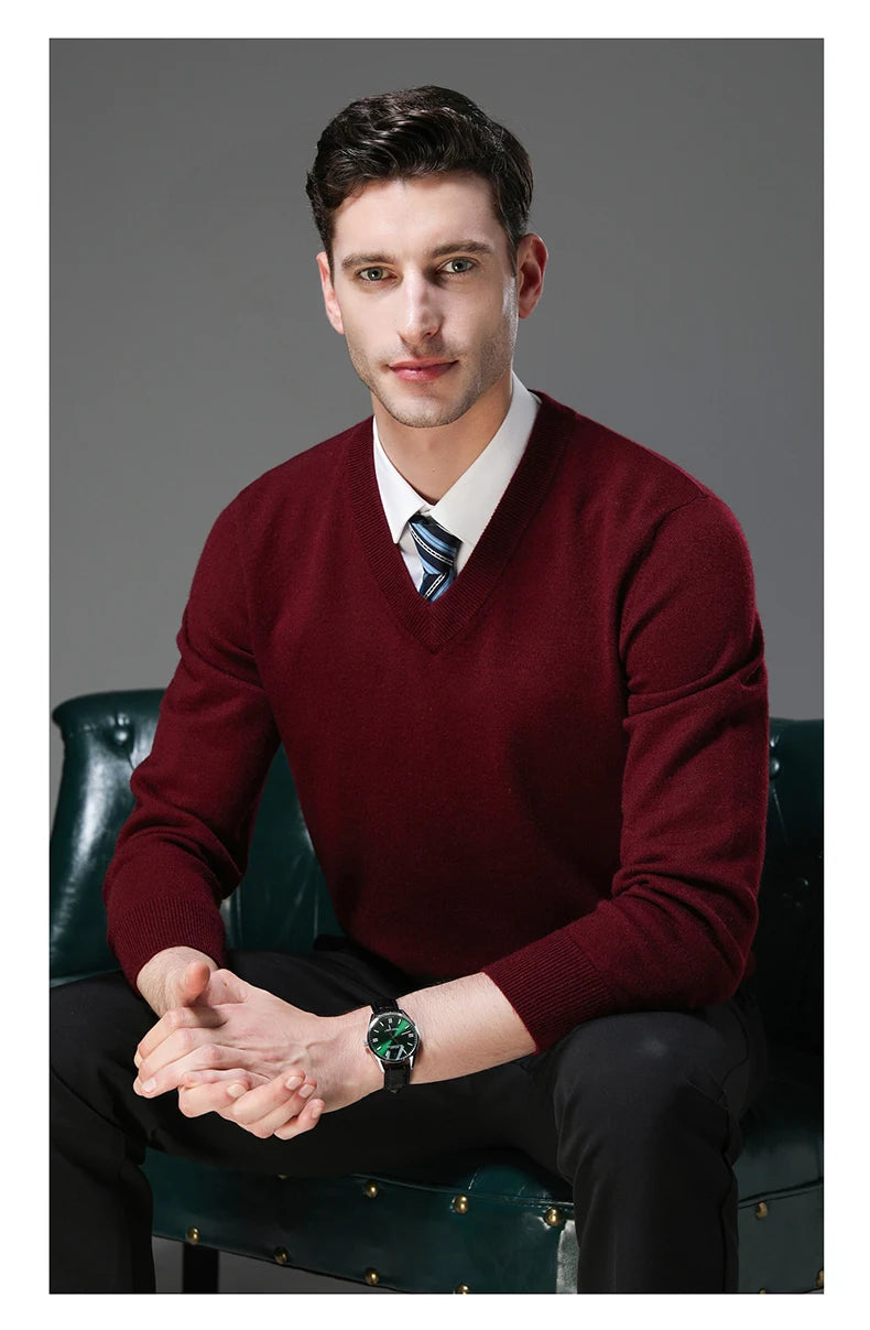 Men's Warm V-Neck Solid Colour Sweater, Autumn & Winter Stretch Top, Daily Leisure Pullover Knitwear, Male Business Casual