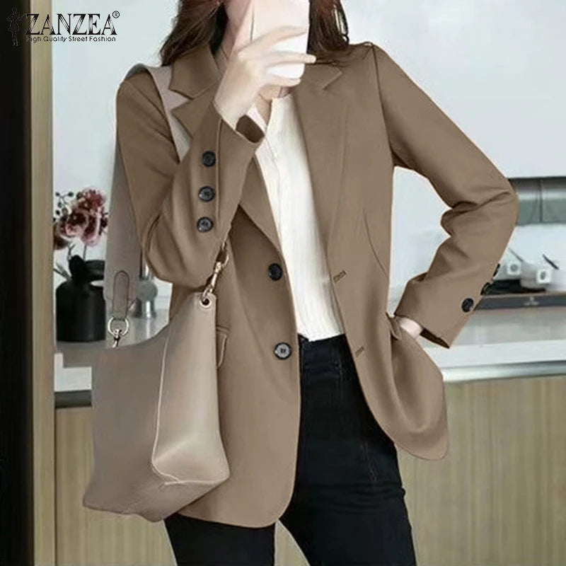 Women's Casual Blazer Elegant Office Lady Long Sleeve Lapel Neck Suit Jackets 2025 Korean Fashion Solid Commute Outerwear