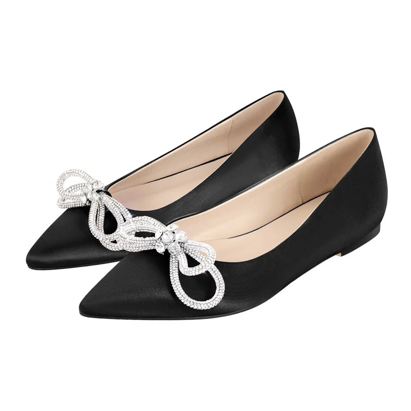 Woman Flats Pointed Toe Blue Rhinestones Bow Clear Flat Daily Elegant Female Slip On Shoes