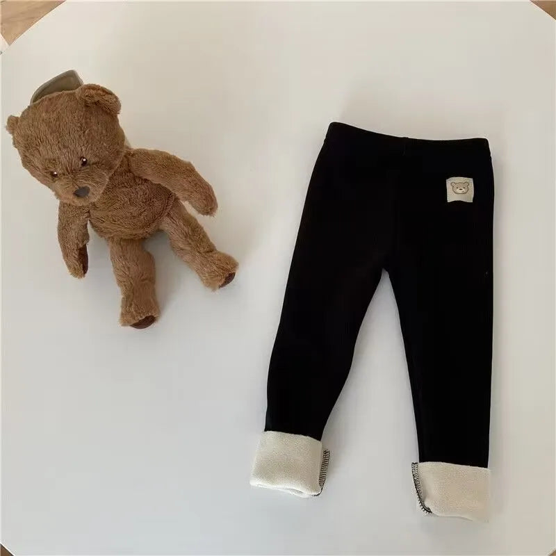 New Autumn Kids Leggings Girls Cute Bear Fur Padded Skinny Pants Children Warm Cartoon Elastic Leggings 4-6Y Girls
