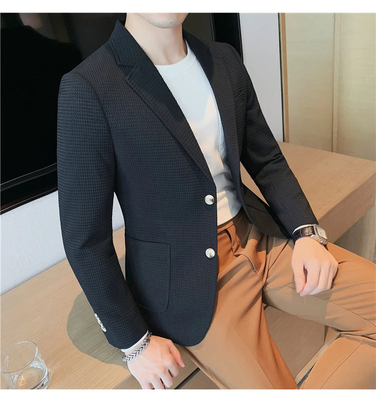Men’s Waffle Plaid Blazer Coat, Hounds-Tooth Pattern, Wool-Blend Overcoat for Autumn & Winter - Lightweight, Stretchable