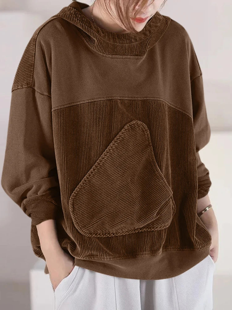 Women Patchwork Corduroy Hoodies Loose Casual Irregular Pocket Hooded Sweatshirts 2024 Fall Colour Block Long Sleeve Tops