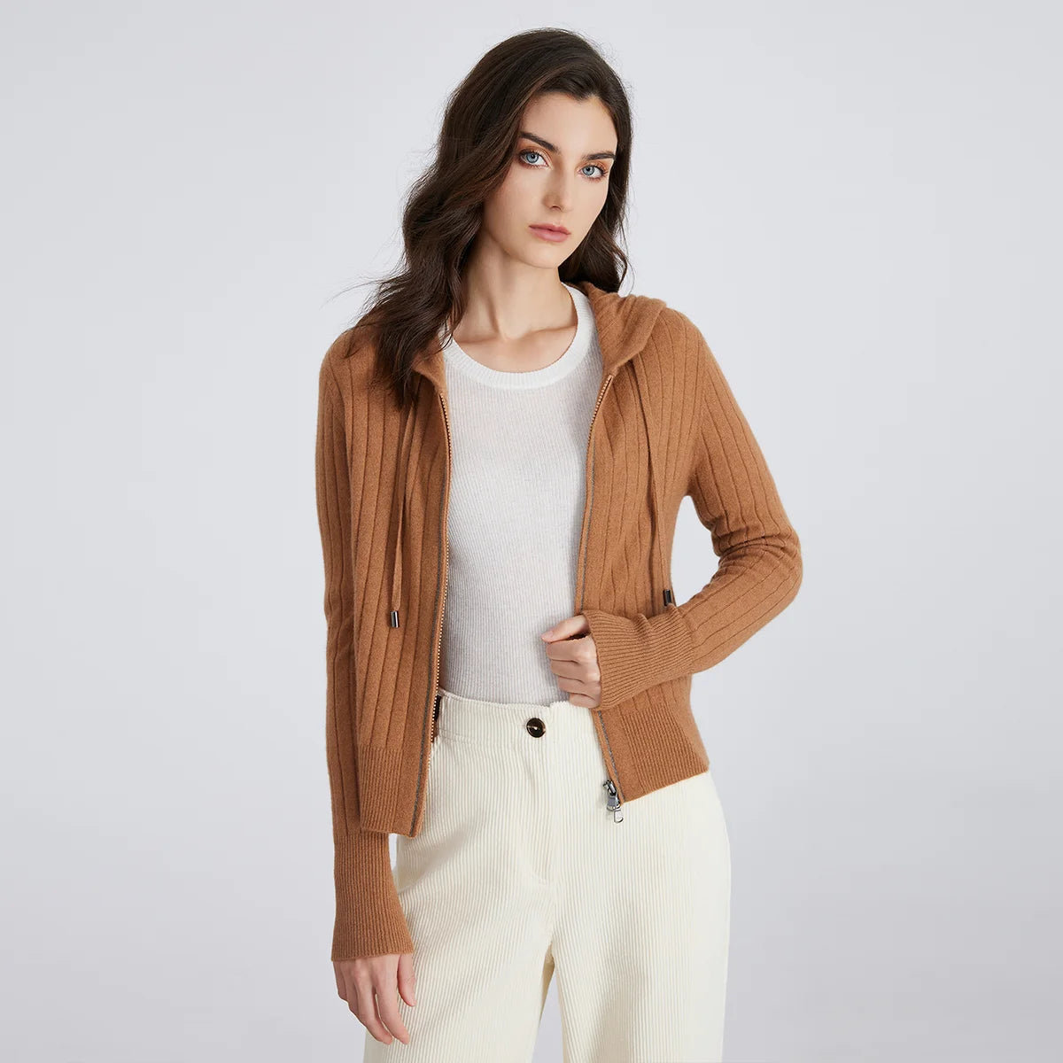 Women's High-Quality Winter Luxury Brand Long-Sleeved Hooded Cardigan & Knitted Sweater With 94% Cashmere For Ladies