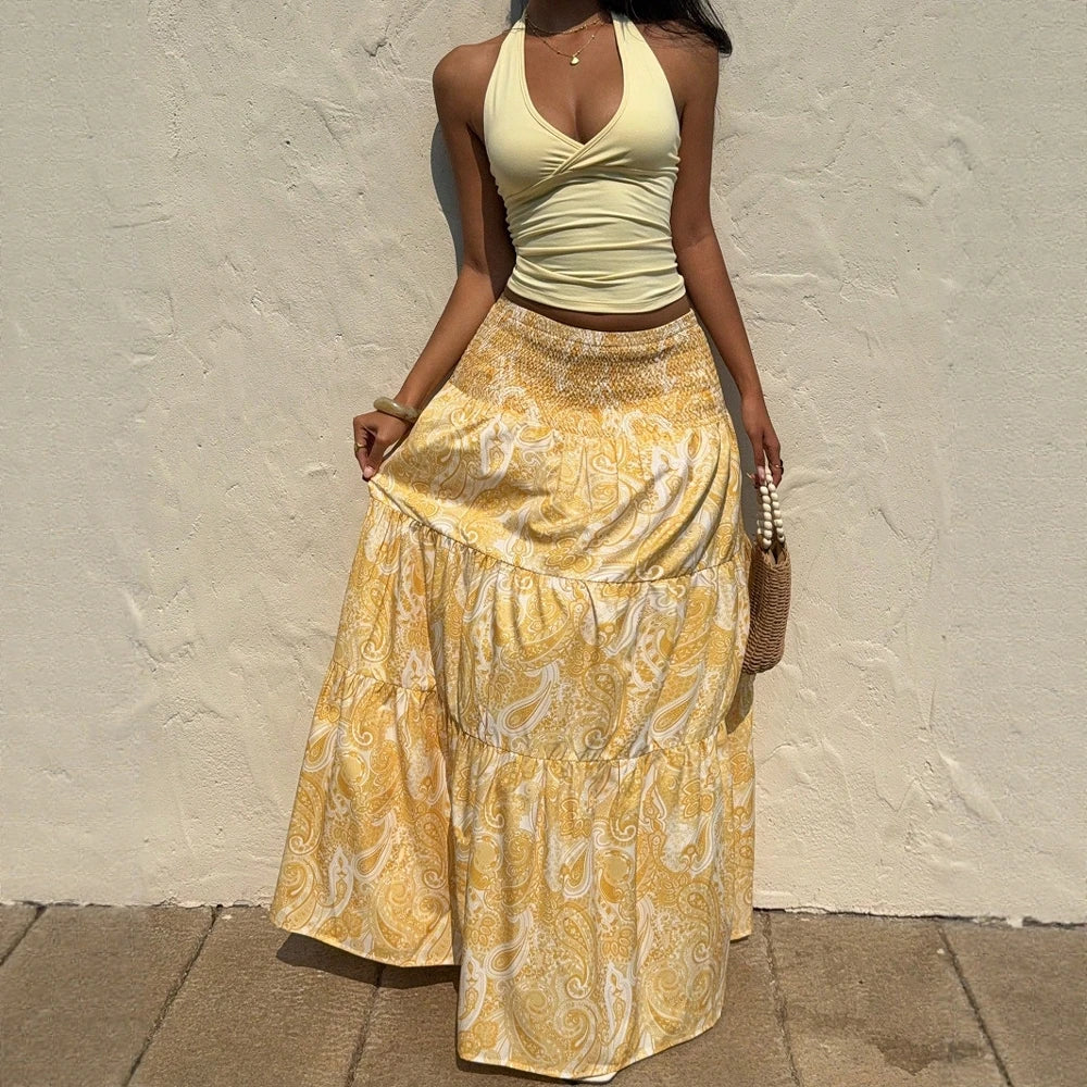 Women's Skirts Summer Elegant Fashion Korean 2025 Full Print Glamorous A-Line Maxi Business Skirts