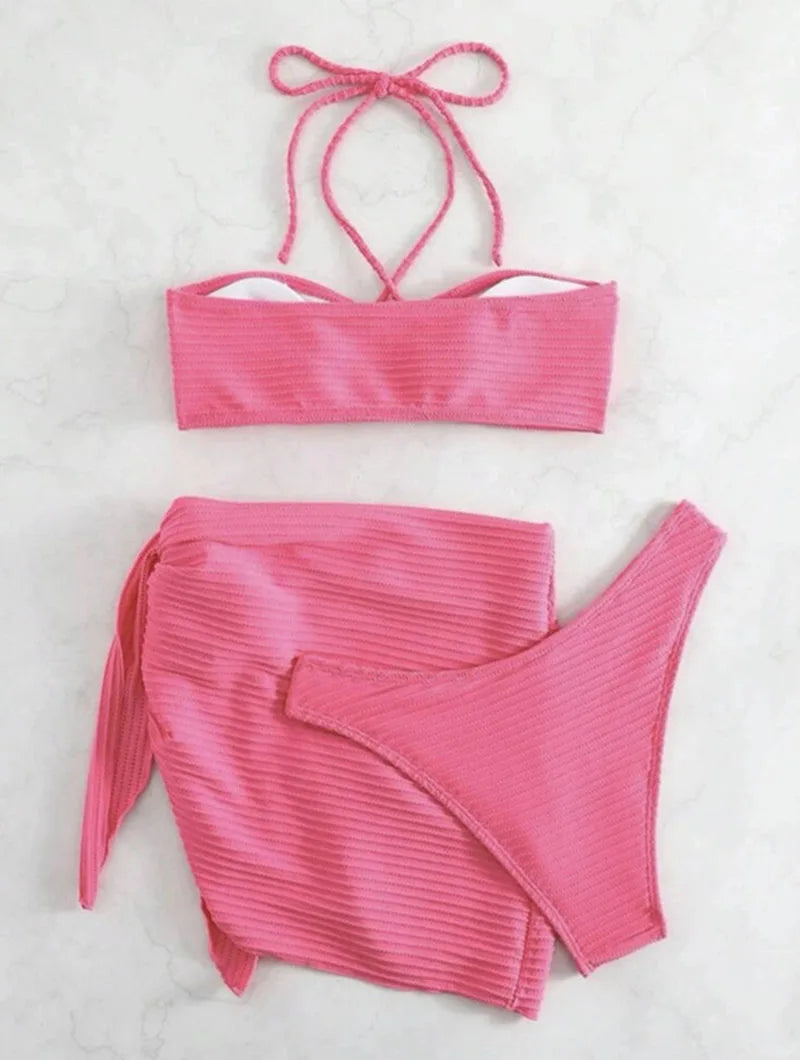Women's Sexy Bikini Swimsuit 3-Piece Set Summer Solid Color Halter Neck Vacation Beach Swimwear Woman 2025 Skirt Swimsuit Set
