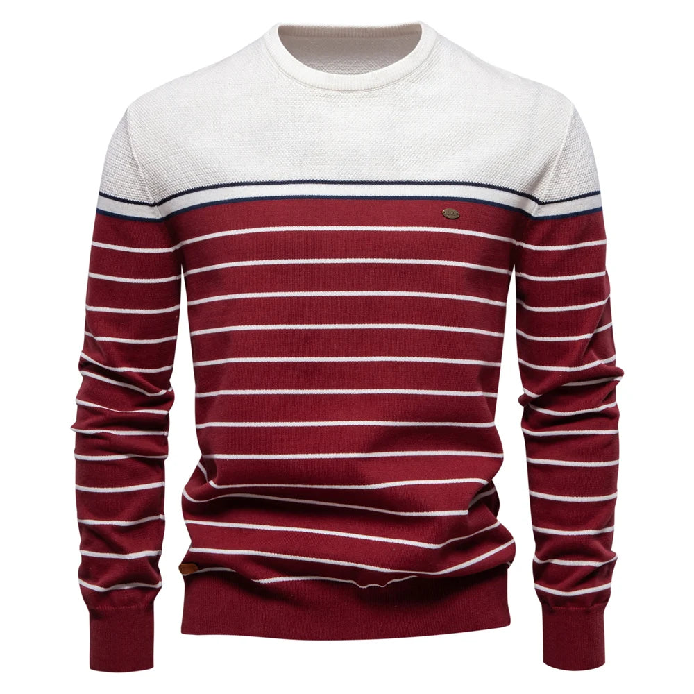 Men's O-neck Cotton Pullover Sweater Striped Casual Autumn and Winter High Quality Knitted Sweaters for Men