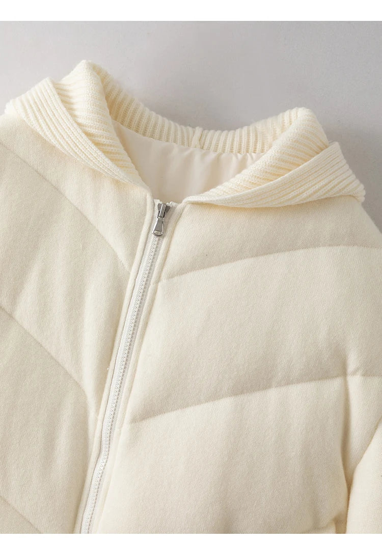 Women's Luxury Hooded Threaded Sleeve Down Coat, Warm Jacket For Ladies