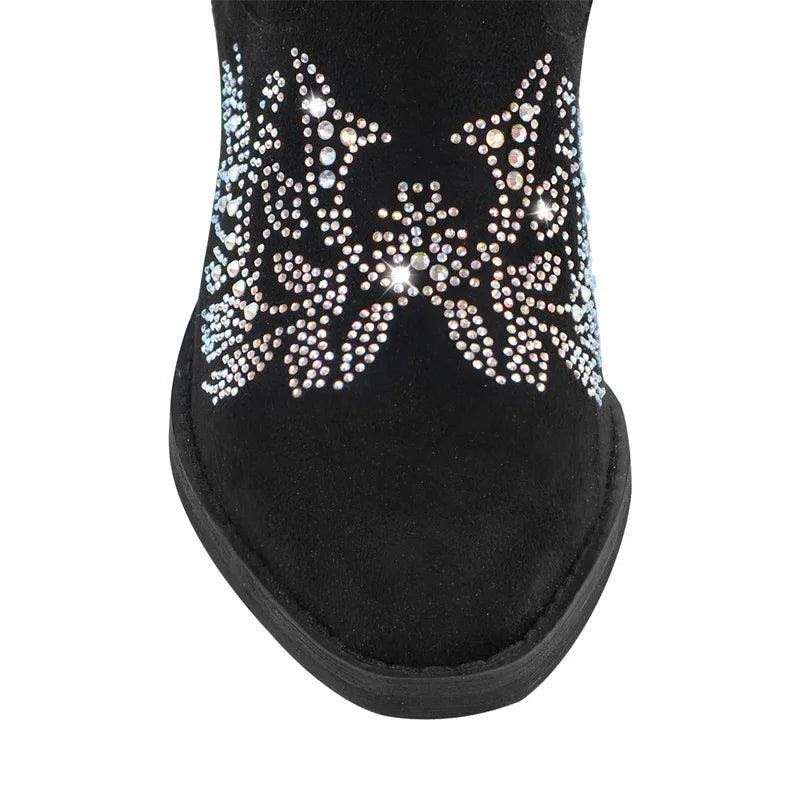 Women Pointed Toe Rhinestone Western Cowboy Boots Black Female Wide Mid Calf Boots