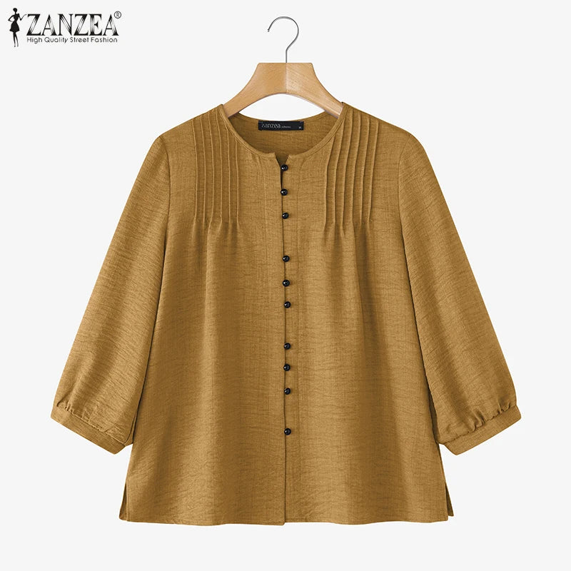 2025 Autumn Office Shirts Women Long Sleeve Buttons Blouses Casual O Neck Solid Loose Tops Female Work OL Blouses Chemise