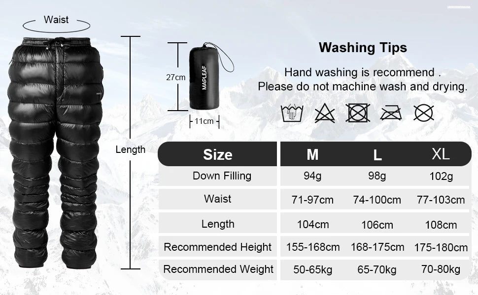 Down Pants Ultralight Warm 800FP Winter Snow Pants With Zipper Pockets Windproof Waterproof Camping Home Unisex