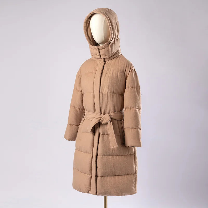 Women's Luxury Puffer Wool Winter Jacket, Duck Down Coat, Long Hat Detachable Hooded Outerwear For Ladies