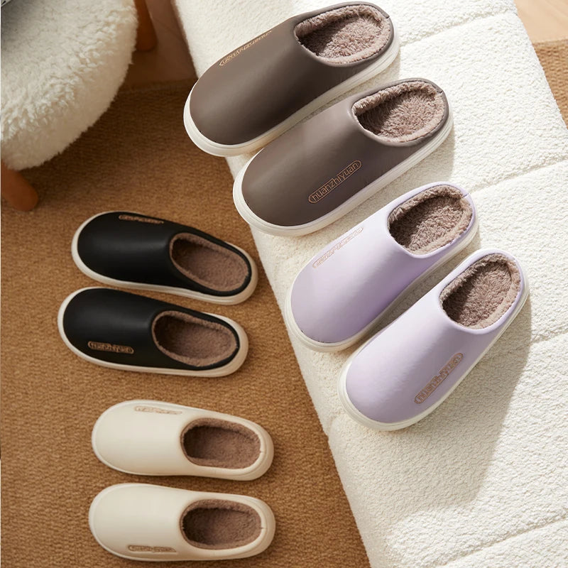 Unisex Anti-slip Waterproof Winter Cotton Slippers Women Men Home Indoor Warm House Shoes Couple Soft Flat PVC Sole Footwear