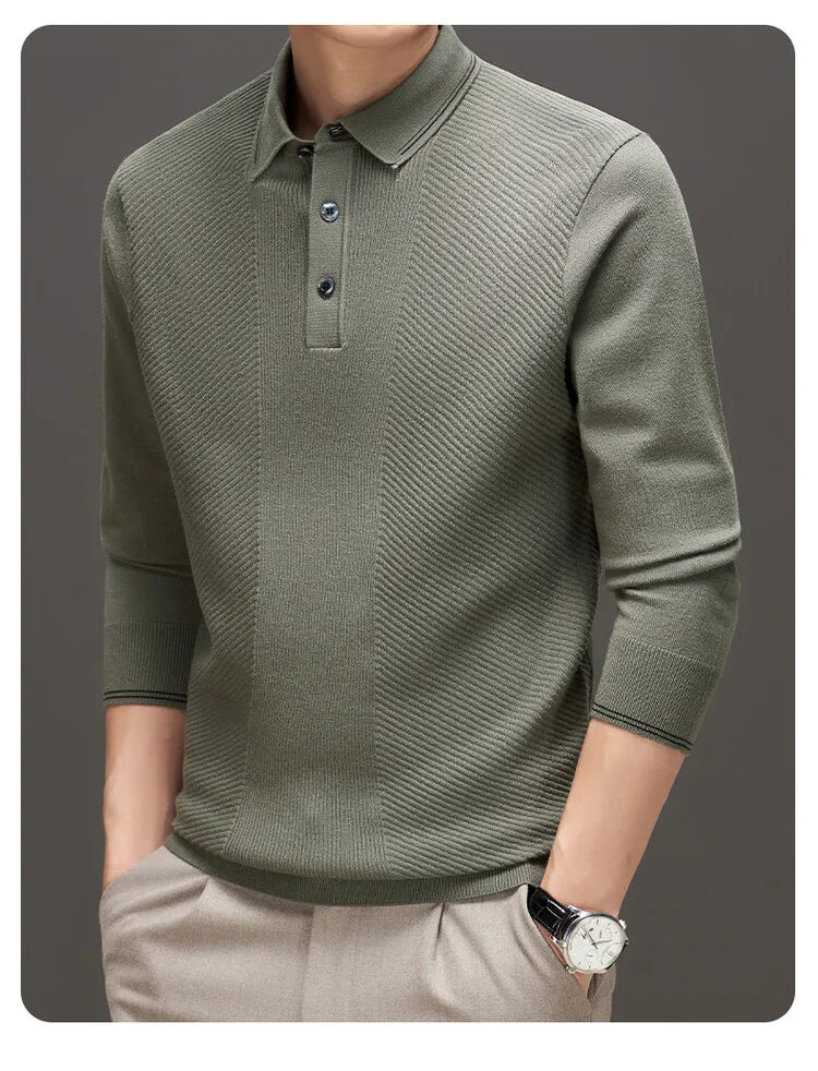 Men's Solid Colour Business Casual Polo Shirt, Suitable For Daily Commute, Pullover Sweater, Warm Knitted Long-Sleeved Cardigan