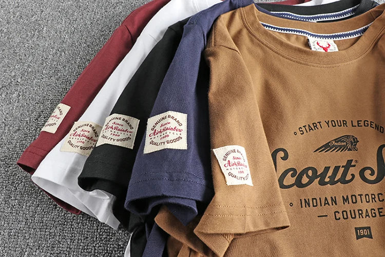 Summer New American Retro Short Sleeve O-neck Indian Letter Printed T-shirt Men's Simple 100% Cotton Washed Casual Youth Tops