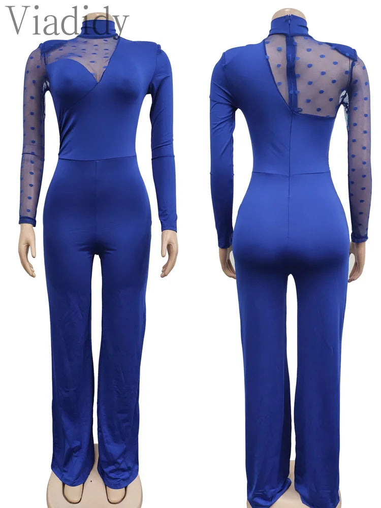 Women Dot Mesh Patchwork Long Sleeve Straight Jumpsuit
