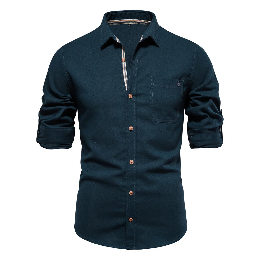 Men's 100% Cotton Social Spring Shirts Single Pocket Solid Colour Long Sleeve Shirts Turn-down Collar For Men