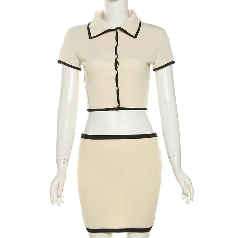 Polo Neck Women 2 Piece Set Ribbed Button Shorts Crop Tops + Mini Skirts Matching Stretch Elegant Streetwear Outfit