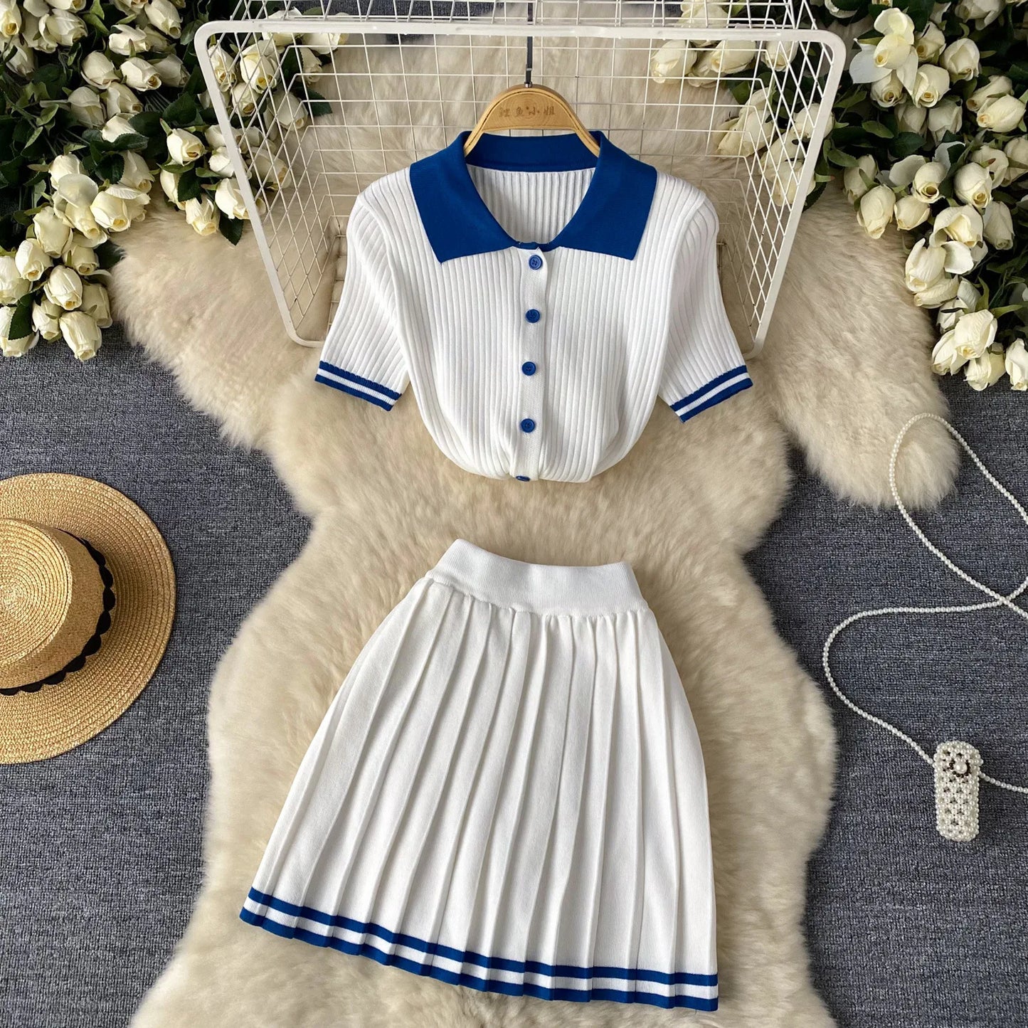 Women's Fashion Patchwork 2 Piece Set Polo-Neck Single-Breasted Tops + Ruched Ruffles Mini Skirts Y2K Style Street Outfits