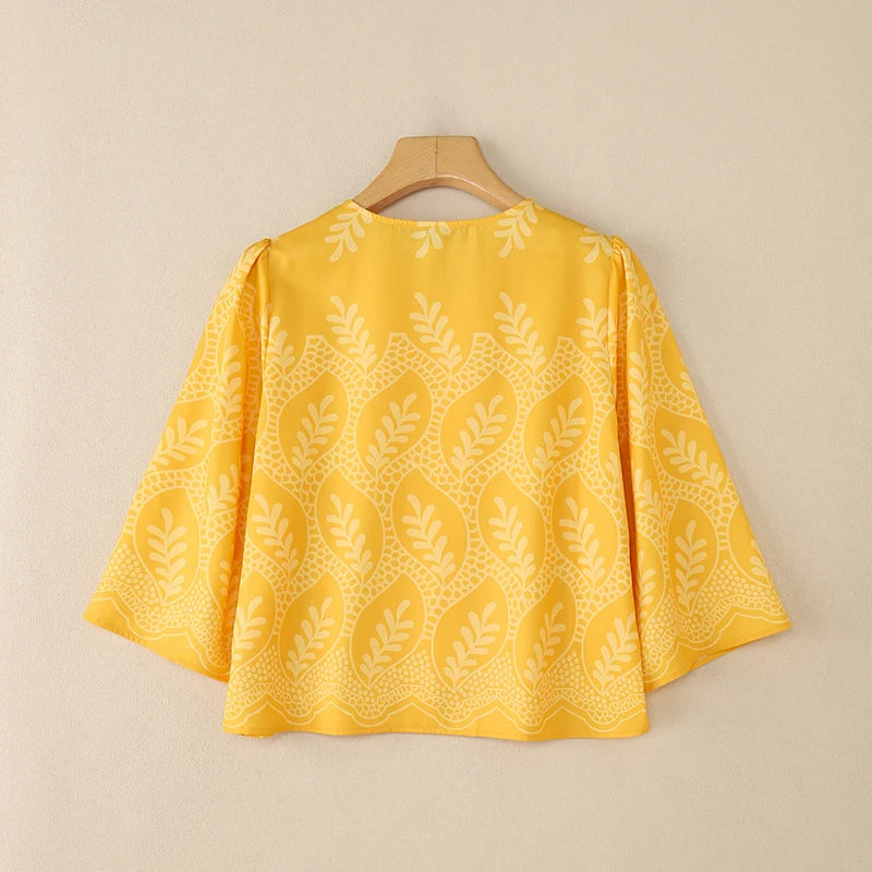 Casual Printing Shirts Women 2025 Autumn Elegant O-Neck Three Quarter Sleeve Button Up Chemises Femme Everyday Wear Tops