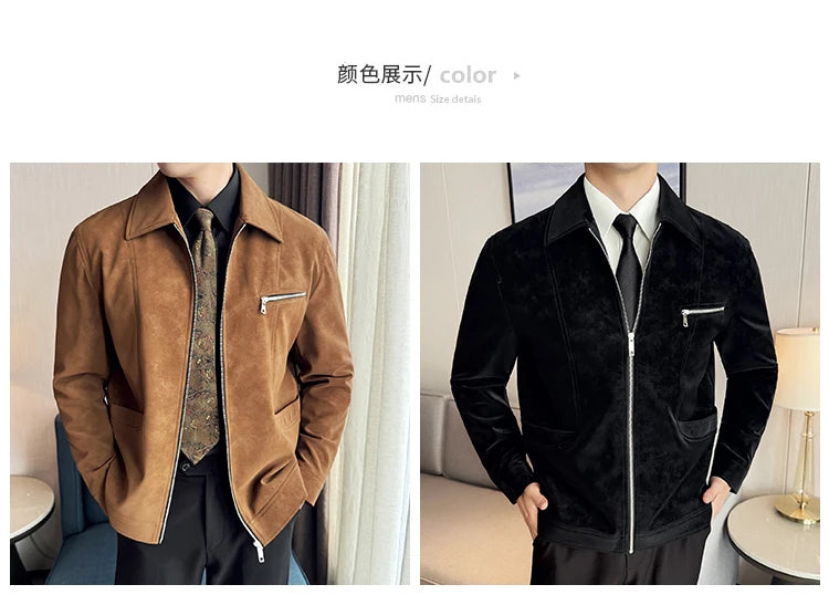 Men's Suede Casual Jacket, Lapel Fashionable Jacket, High-Grade Zipper Decorations, Business Casual Warm Male Coat