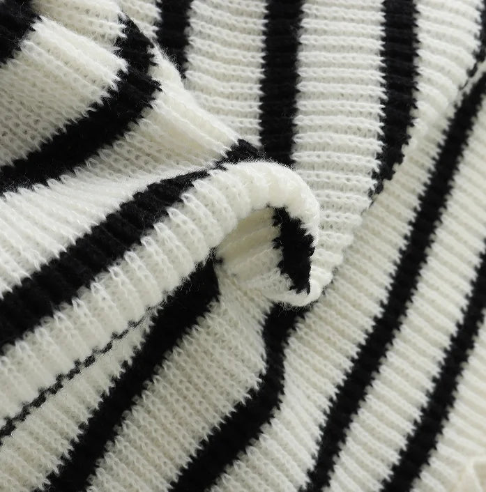 Elegant Women Striped Sweaters 2025 Spring Autumn Long Sleeve Turn-down Collar Knitted Pullovers Casual Stylish Jumpers
