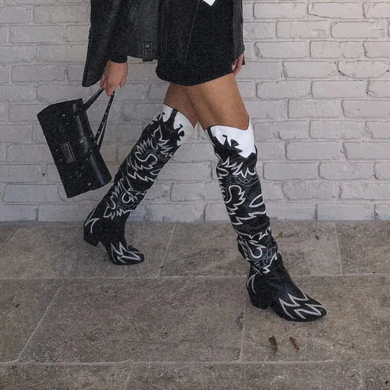 Woman Knee High Boots Western Cowboy Boots Wide Calf Embroidered Women Pointed Toe Block Heel Pull-On Cowgirl Boots