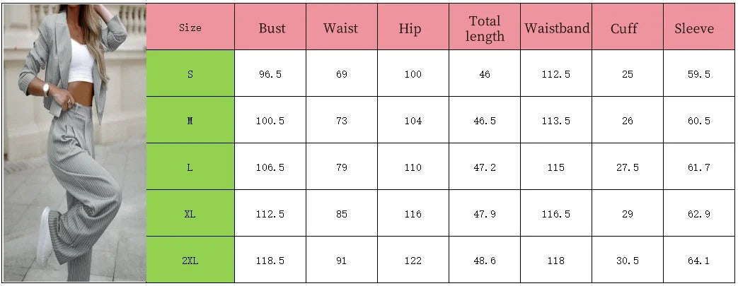Two Piece Set Women Outfit Autumn Fashion Striped Notched Collar Long Sleeve Blazer Coat & Elegant Straight Leg Pants Set