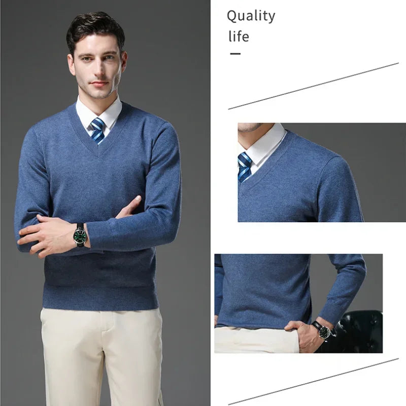 Men's Warm V-Neck Solid Colour Sweater, Autumn & Winter Stretch Top, Daily Leisure Pullover Knitwear, Male Business Casual