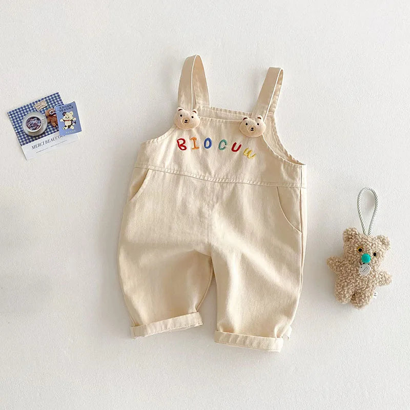 New Spring Kids Overall Children Cute Embroidered Letter Jeans Girls Boys Sweet Loose Casual Pants 0-5T Unisex