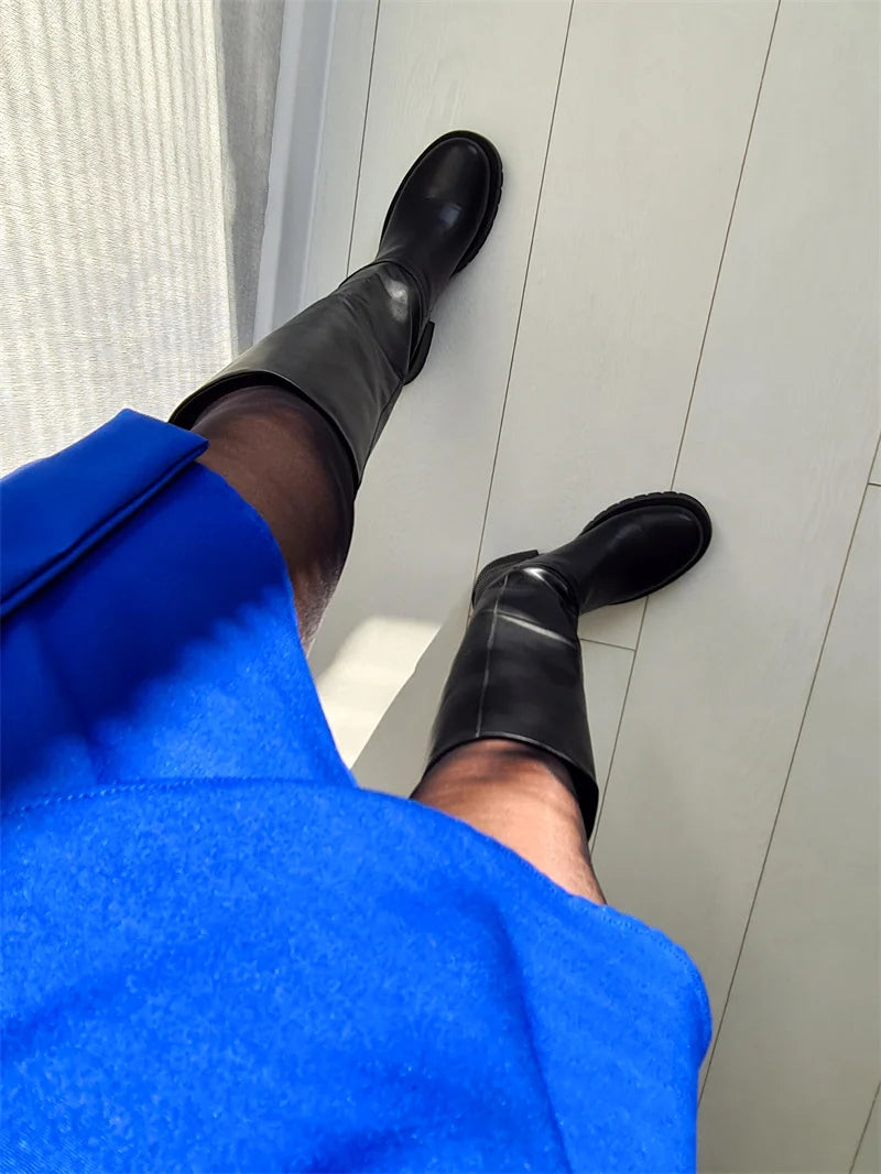 Women Black Matte Knee High Boots High Heeled Winter Warm Woman Fashion Snow Motorcycle Boots