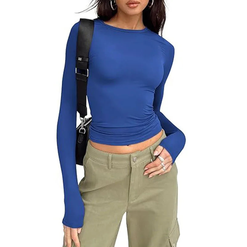 Fashion Senior Women's Long Sleeve Crew Neck Solid Slim Fit T-shirt Crop Top Ladies Daily Streetwear Casual Tee