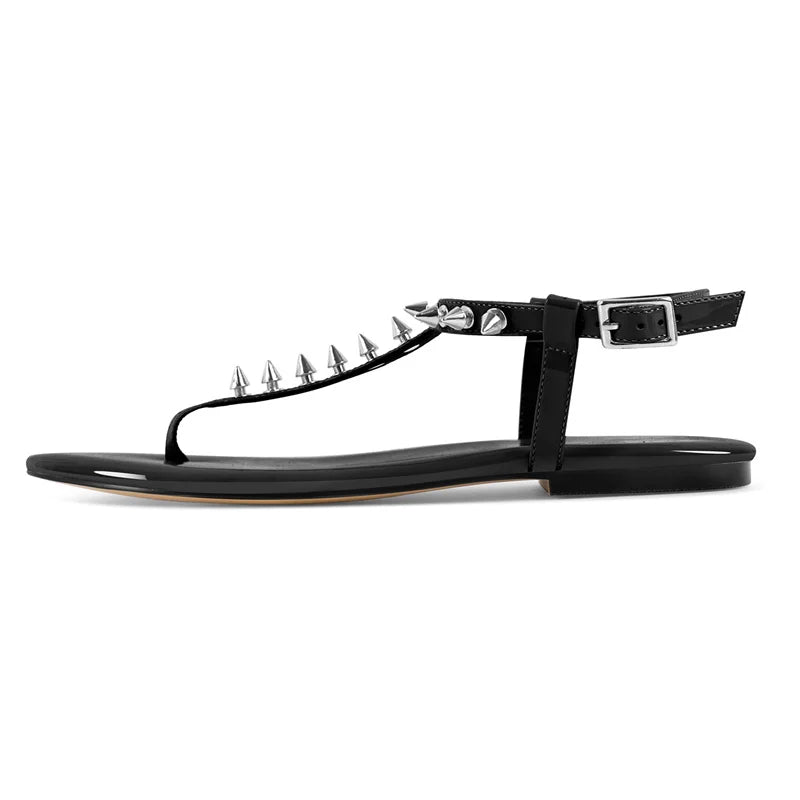 Women Round Toe T-Strap Rivet Flats Sandals Big Size Fashion Summer Sliper