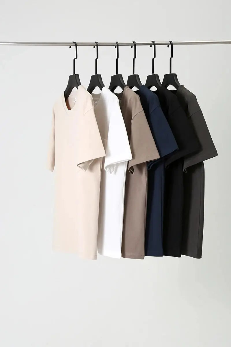 2025 Summer New Japanese Retro Short Sleeve O-neck Solid Color T-shirt Men's Heavyweight 100% Cotton Washed Casual Pocket Tops