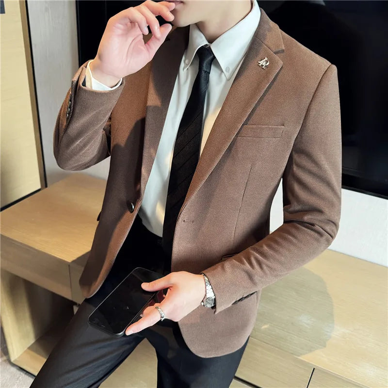 Men's Thickened High-Quality Daily Work Formal Single-Breasted Woollen Coat with Dark Stripe for Autumn and Winter Size S-4XL