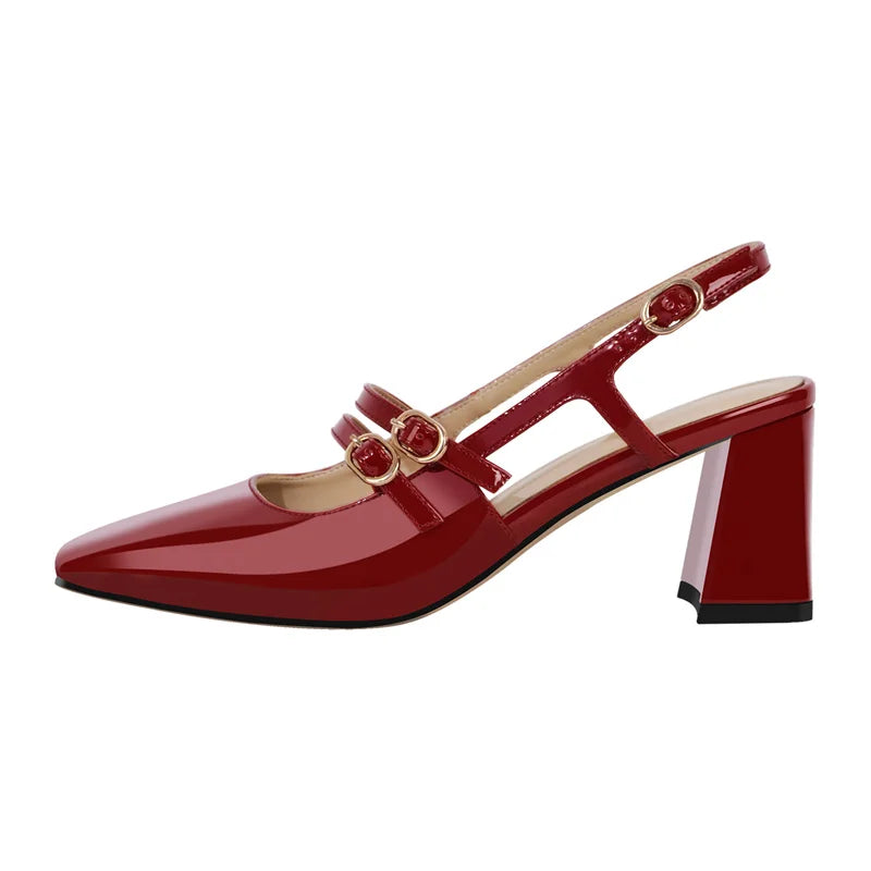 Women Square Toe Red Patent Leather Straps Chunky Heel Slingback Sandals Chunky Heel Sandals