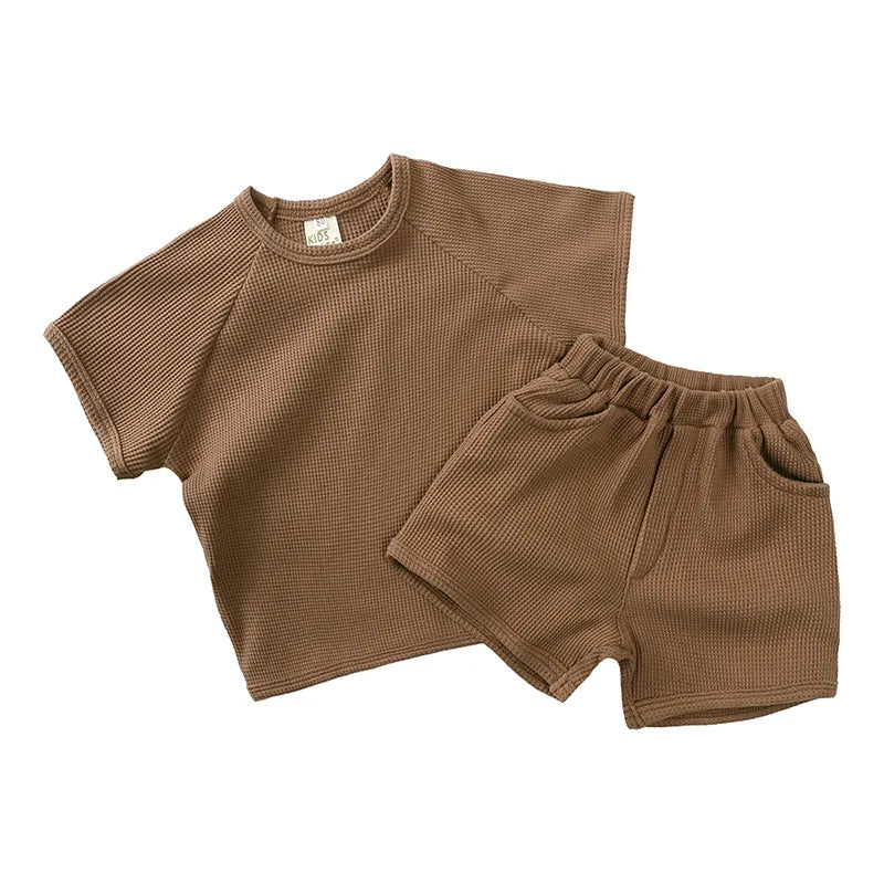 Kid's Summer Outwear Clothing Set Casual Boys Girls Waffle T-shirt Suit Children's 2PCS Tee And Shorts 1-6Y Unisex