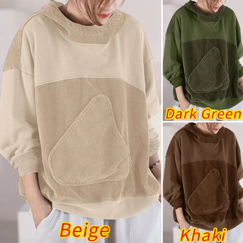 Women Patchwork Corduroy Hoodies Loose Casual Irregular Pocket Hooded Sweatshirts 2024 Fall Colour Block Long Sleeve Tops