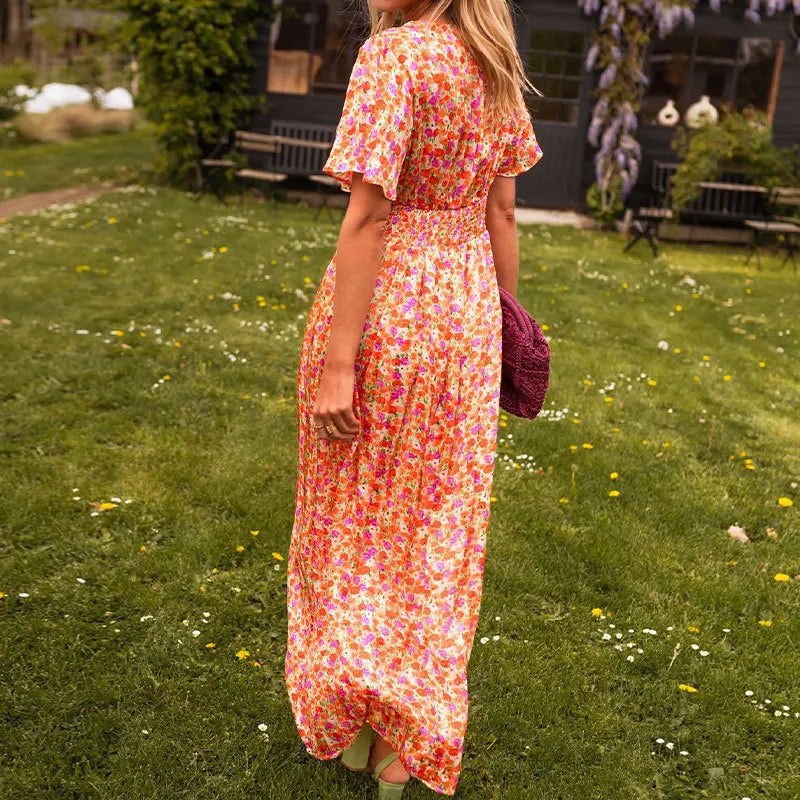Summer Elegant Fragmented Flower Dress Women Fashion Beach Style V-neck Bubble Sleeves Long Dress Women