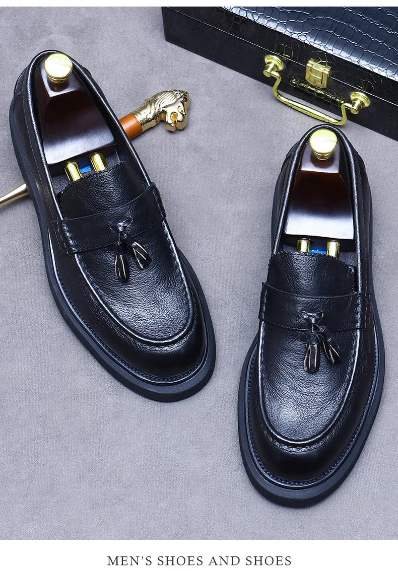 YETTIES Soft Leather Elegant Mens Dress Loafers Shoes Luxury Genuine Leather Tassel Thick Soled Wedding Social Formal Shoes