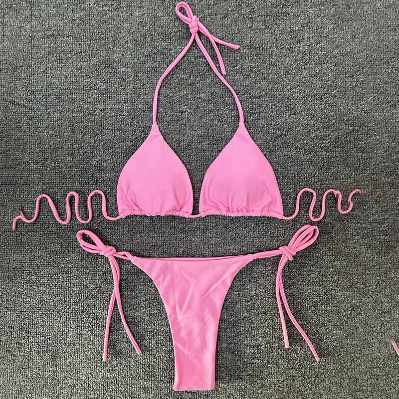 Sexy halter effen kleur bikini set dames tweedelig split triangel string badpak basic eenvoudig femme veter strand badpak