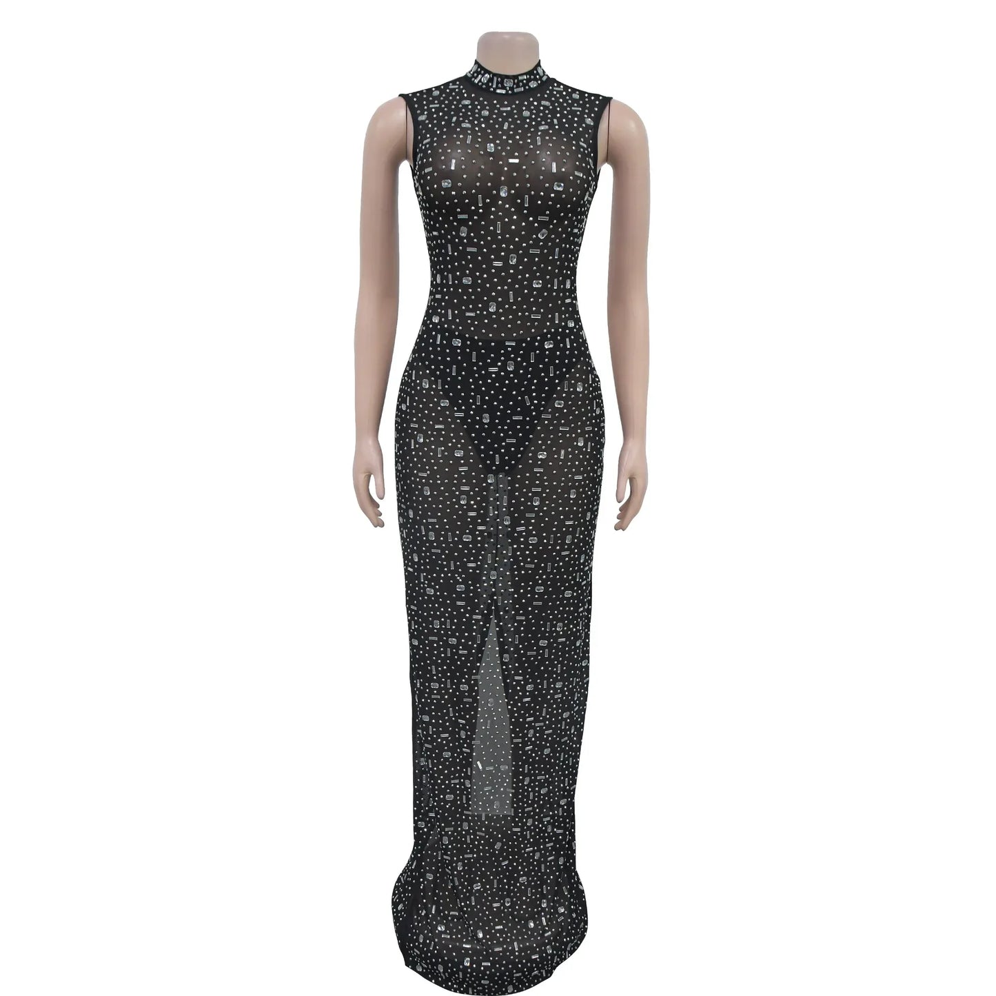 Women's Sexy See Through Sheer Mesh Halter Sleeveless Rhinestone Decor Floor-length Party Dress